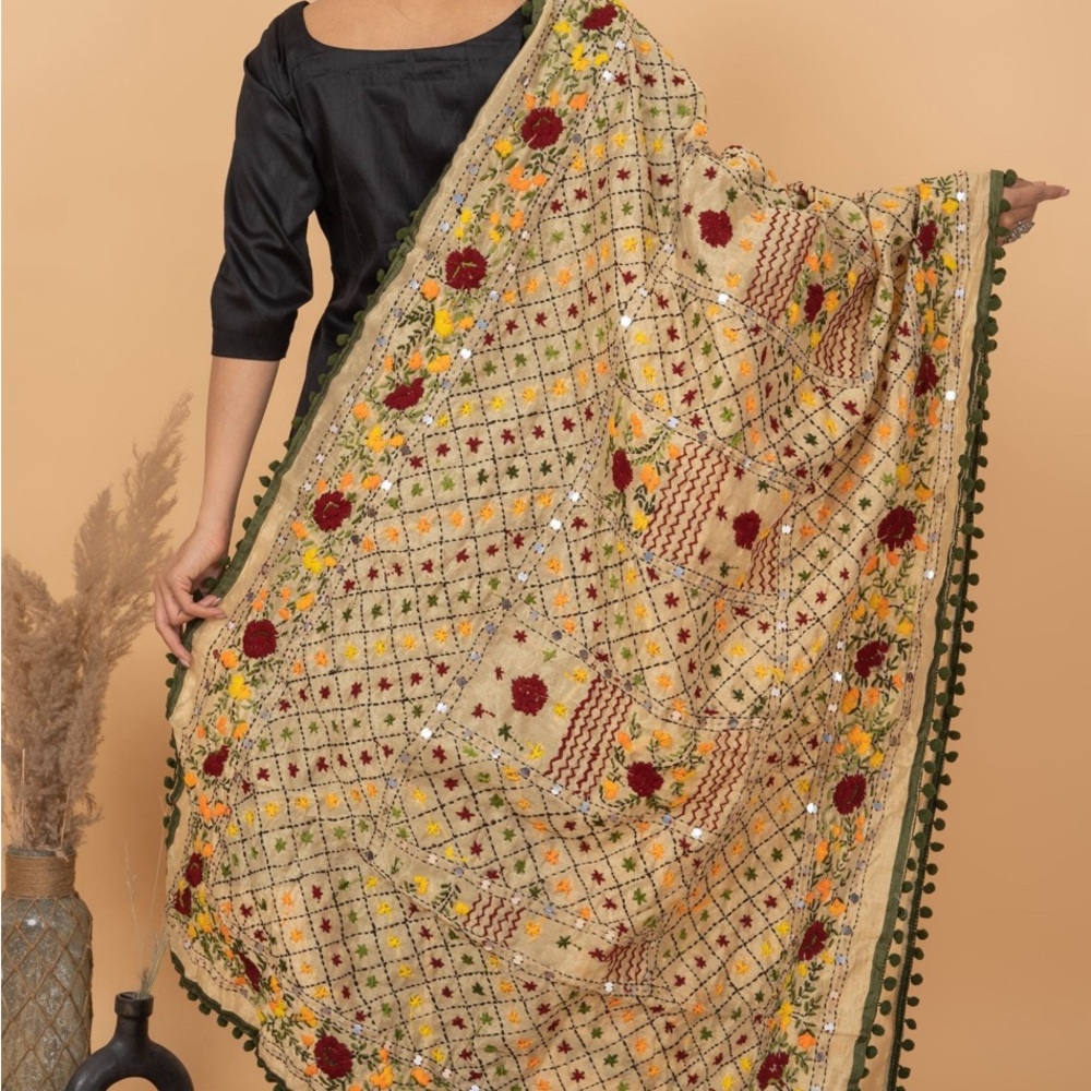 Shawl Green Pom Pom long Duppatta Raw Silk handmade mirror and thread scarf long - Picture 8 of 8